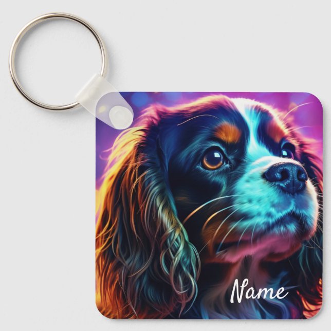 Rainbow Tri Cavalier King Charles Spaniel Dog Key Ring (Front)