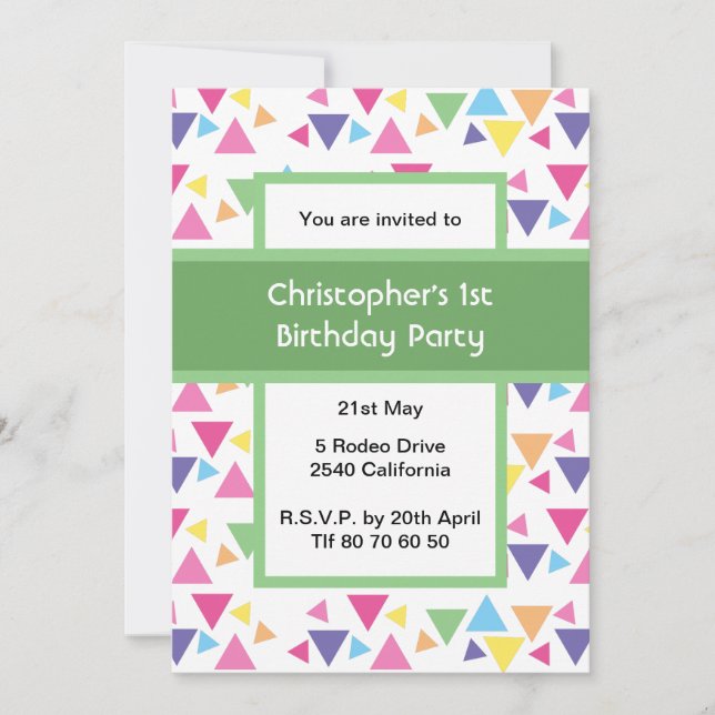 Rainbow Triangles 1st Birthday Green Party Invitation (Front)