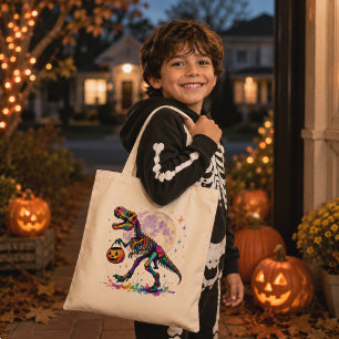 Rainbow Trick or Treat T-Rex Skeleton Tote Bag