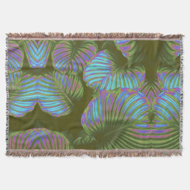 Rainbow Tropical Leaves Cotton Throw Blanket (Front)