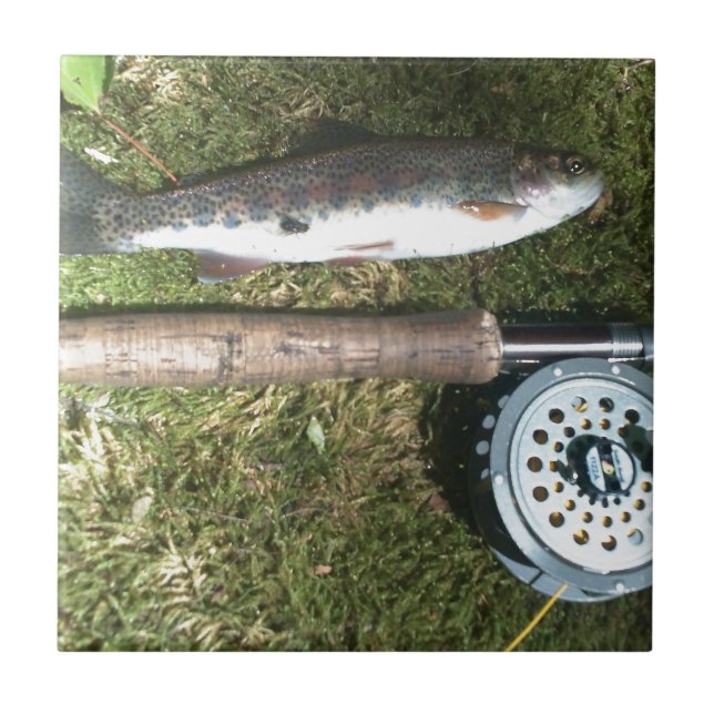 rainbow trout and fly fishing reel ceramic tile (Front)