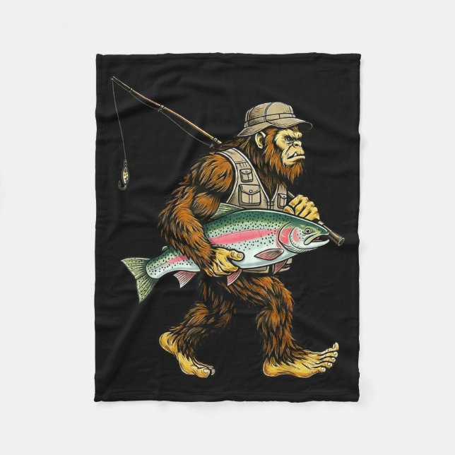 Rainbow Trout Bigfoot Fisherman River Fishing Sasq Fleece Blanket (Front)