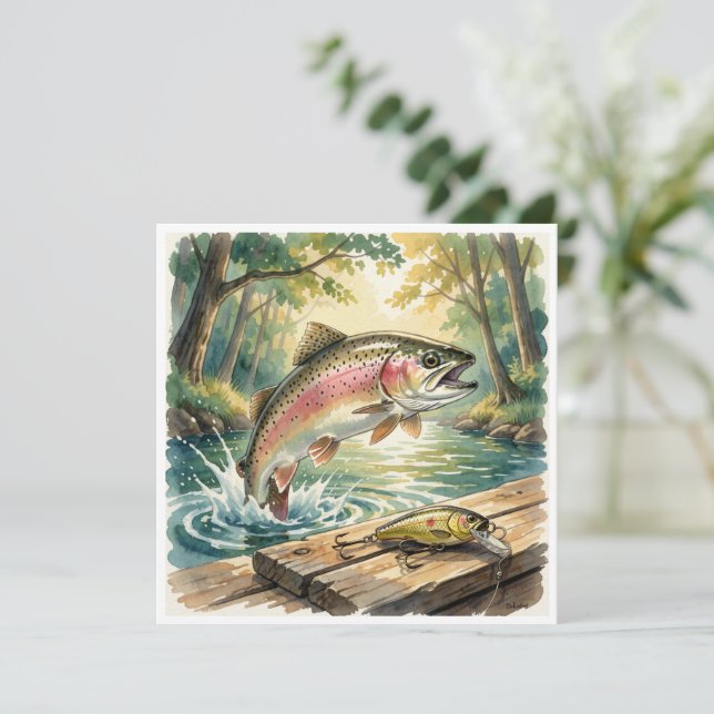 Rainbow trout jumping in forest stream watercolor (Standing Front)