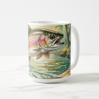 Rainbow trout jumping in forest stream watercolor coffee mug