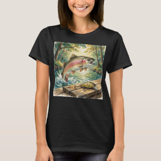 Rainbow trout jumping in forest stream watercolor T-Shirt