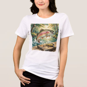 Rainbow trout jumping in forest stream watercolor Tri-Blend shirt