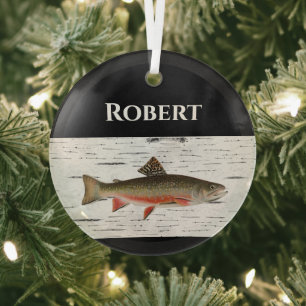 Rainbow Trout Rustic Aspen Bark Background, Trout  Glass Tree Decoration