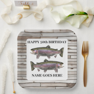 Rainbow Trout Rustic Fishing Outdoors Birthday Paper Plate