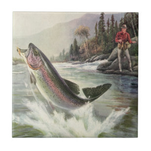 Rainbow Trout, Vintage Fisherman Fishing for Fish Ceramic Tile