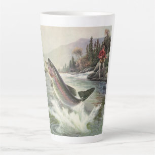 Rainbow Trout, Vintage Fisherman Fishing for Fish Latte Mug