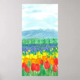 Rainbow Tulip Field Watercolor Flowers Poster