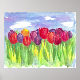 Rainbow Tulip Field Watercolor Painting Poster