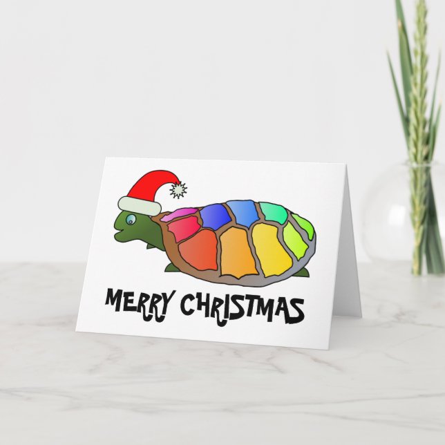 Rainbow Turtle with Santa Hat Holiday Card (Front)