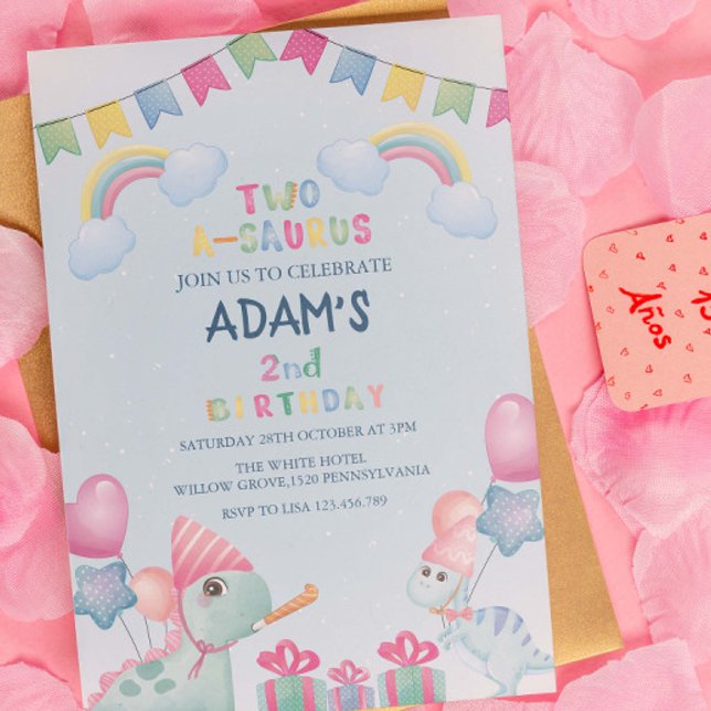 Rainbow two-a-saurus 2nd Birthday Blue Dinosaur Invitation (Creator Uploaded)