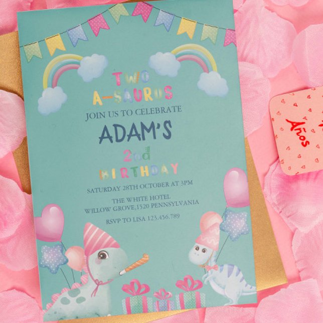 Rainbow two-a-saurus 2nd Birthday Party Dinosaur Invitation (Creator Uploaded)