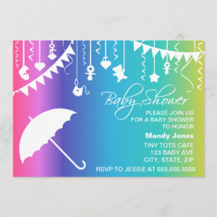 Rainbow umbrella modern baby shower invitations