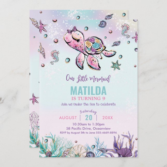 Rainbow Under the Sea Turtle Coral Birthday Party  Invitation (Front/Back)
