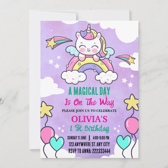 Rainbow Unicorn 1 st Birthday Party Girl Invitation (Front)