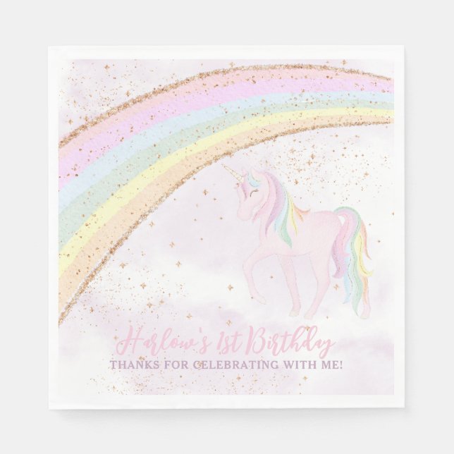 Rainbow Unicorn 1st Birthday Girls Pastel Napkin (Front)
