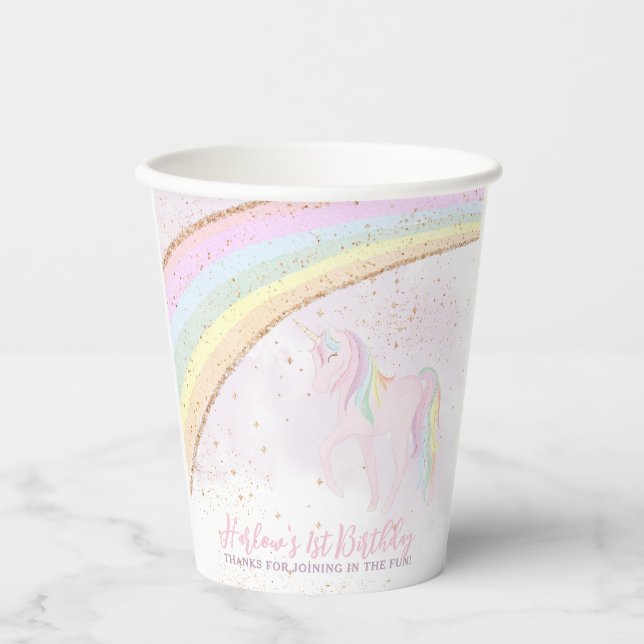 Rainbow Unicorn 1st Birthday Girls Pastel Paper Cups (Front)