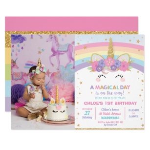 Rainbow Unicorn 1st Birthday Party Girl with Photo Invitation