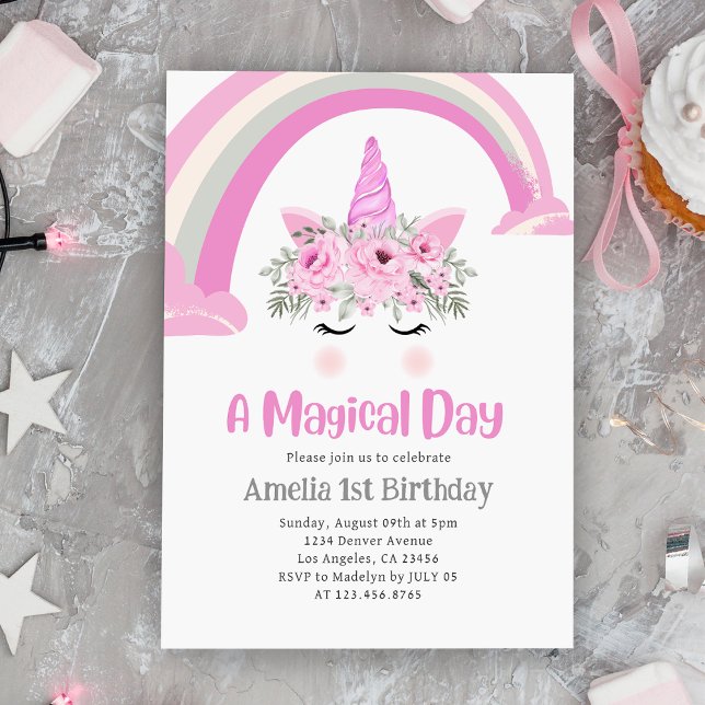 Rainbow Unicorn 1st Birthday Party Pink Invitation (Rainbow Unicorn 1st Birthday Party Pink Invitation
)