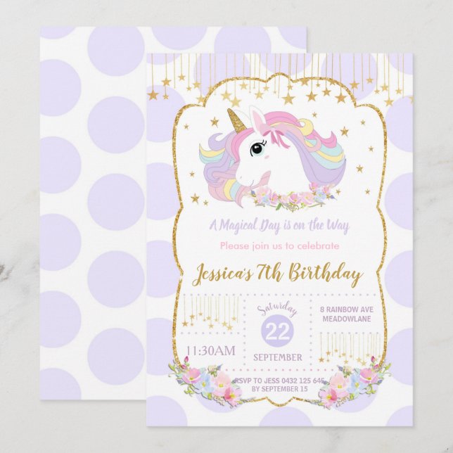Rainbow Unicorn 1st Birthday Purple Polka Dot Invitation (Front/Back)