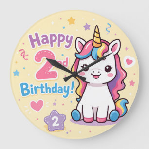 Rainbow Unicorn 2nd Birthday Celebration Large Clock