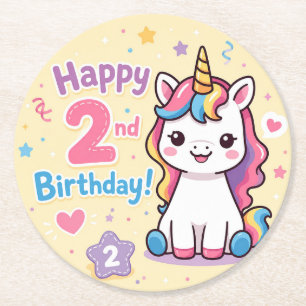 Rainbow Unicorn 2nd Birthday Celebration Round Paper Coaster