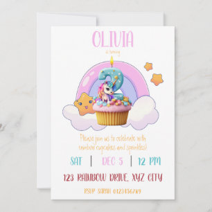 Rainbow Unicorn 2nd Birthday Party Cupcake Invitation