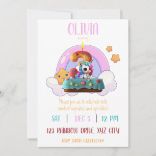 Rainbow Unicorn 3rd Birthday Party Cupcake Invitation
