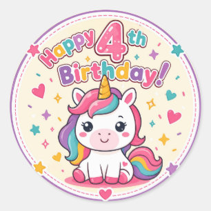 Rainbow Unicorn 4th Birthday Magic Paper Plate Classic Round Sticker