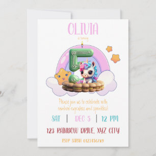 Rainbow Unicorn 5th Birthday Party Cupcake Invitation