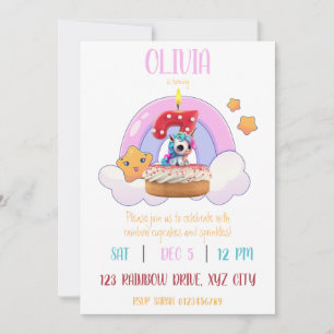 Rainbow Unicorn 7th Birthday Party Cupcake Invitation