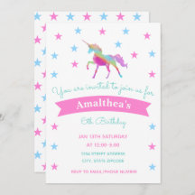 Rainbow Unicorn And Stars Birthday Invitation
