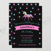 Rainbow Unicorn And Stars Birthday Invitation