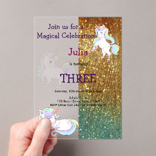 Rainbow Unicorn baby girl birthday gold Acrylic Invitations