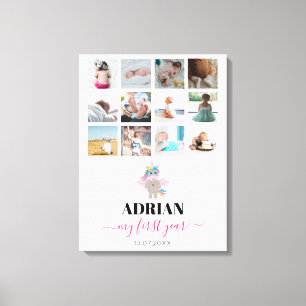 Rainbow Unicorn Baby Girl First Year Photo Collage Canvas Print
