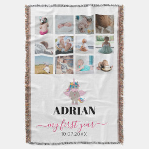 Rainbow Unicorn Baby Girl First Year Photo Collage Throw Blanket