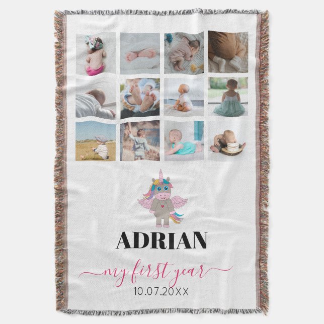 Rainbow Unicorn Baby Girl First Year Photo Collage Throw Blanket (Front Vertical)