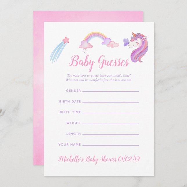 Rainbow Unicorn Baby Girl Shower Baby Guesses Invitation (Front/Back)