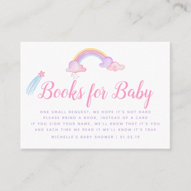 Rainbow Unicorn Baby Girl Shower Book Request Enclosure Card (Front)
