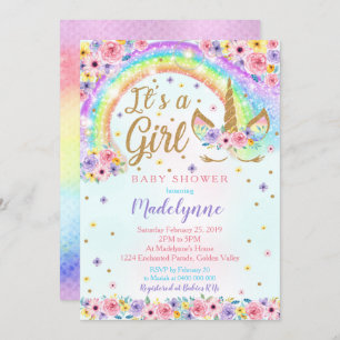 Rainbow Unicorn Baby Shower Invitation Girl