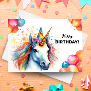 Rainbow Unicorn Balloons and Party Hat Birthday Card