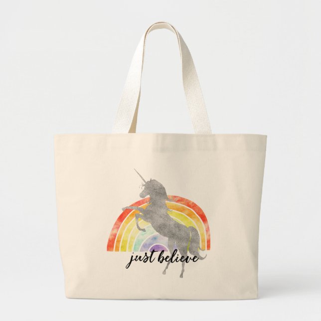 Rainbow Unicorn Believe Large Tote Bag (Front)