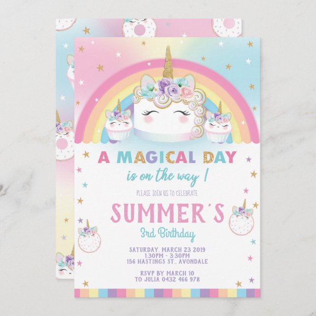 Rainbow Unicorn Birthday Cake Invitation Cupcake (Front/Back)