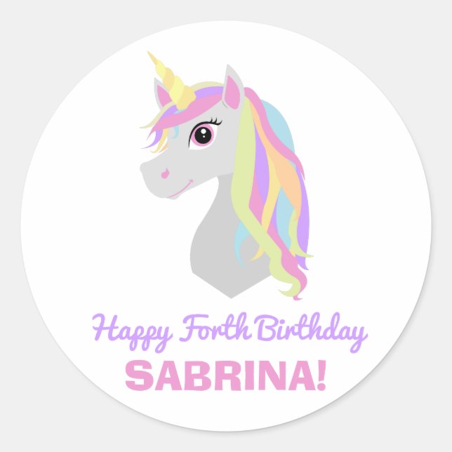 Rainbow Unicorn Birthday Custom Name Age Sticker (Front)