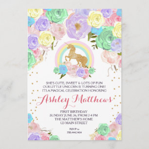 Rainbow Unicorn birthday FIRST Floral Invitation, Invitation