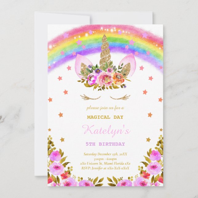 Rainbow Unicorn birthday invitation (Front)