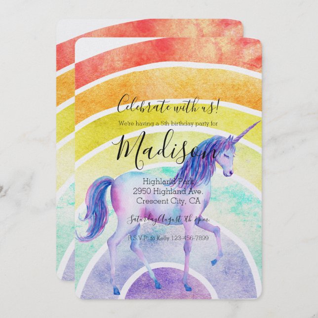 Rainbow Unicorn Birthday Invitation (Front/Back)